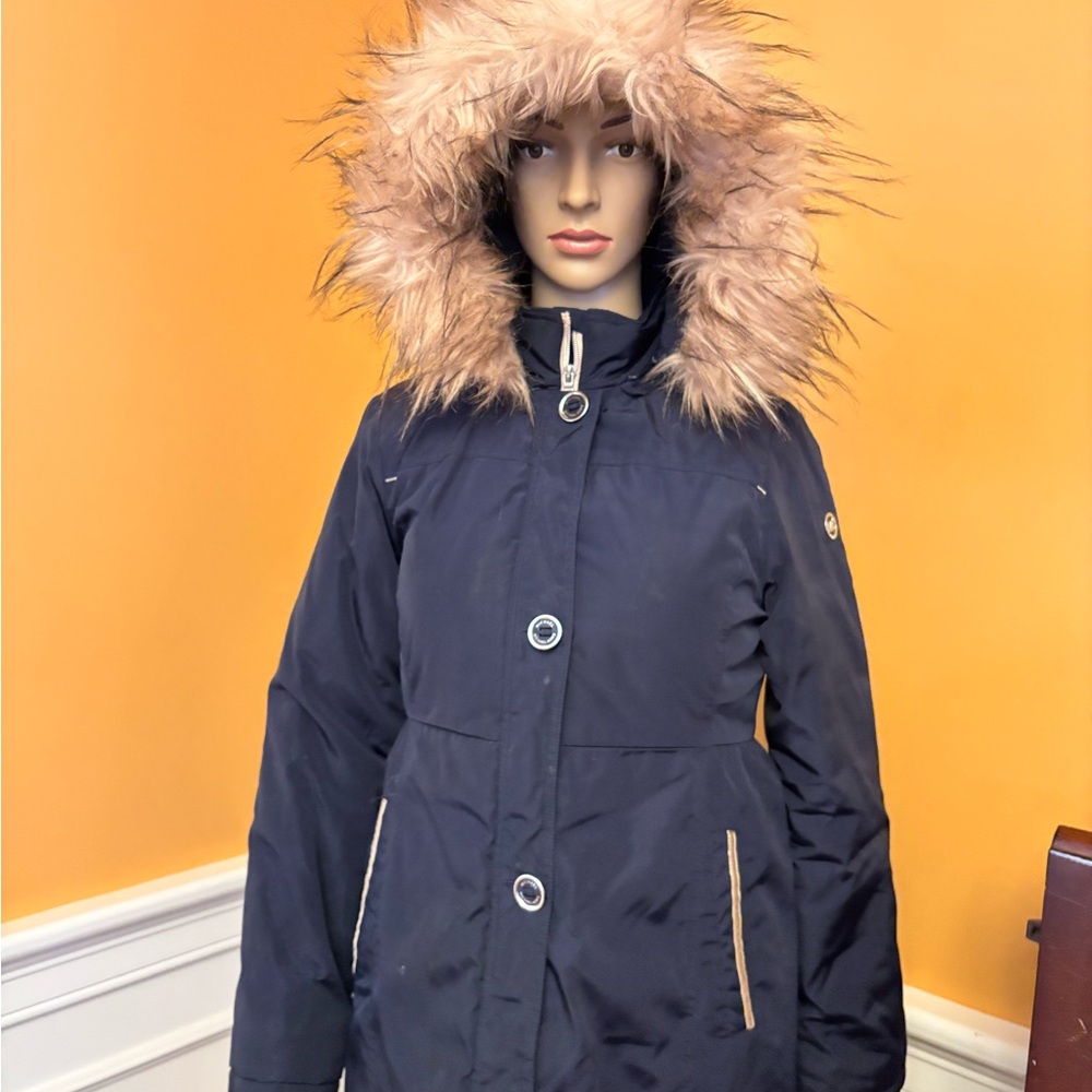 Michael Kors Navy Puffer Coat with Faux Fur Hood